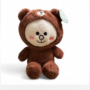 plush toy is a Line Friends Brown Bear wearing a different character's outfit.